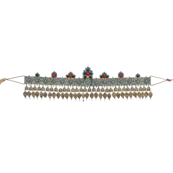 Head dress ornament, gilded silver & glass beads 38 x 20 cm